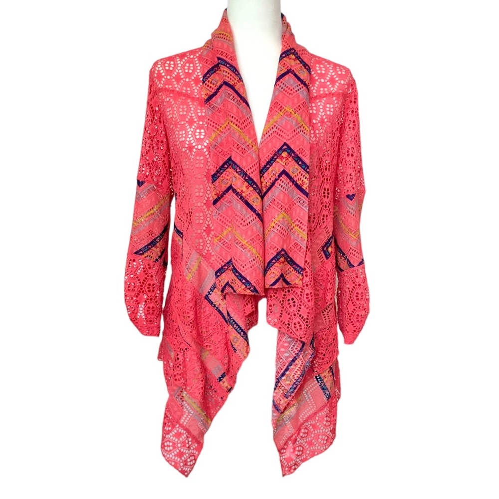 Alberto Makali Pink Chevron Crochet Knit Open Drape Cardigan